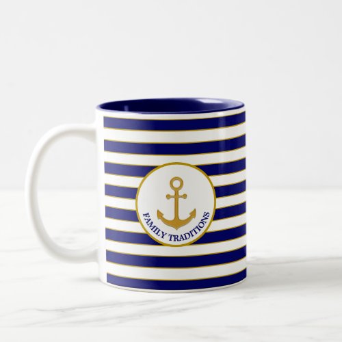 Family Anchor on Blue  White Striped Two_Tone Coffee Mug