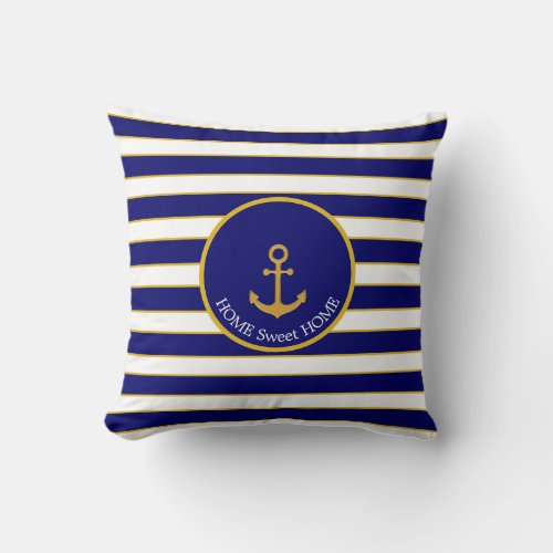 Family Anchor on Navy Blue  White Striped Throw Pillow
