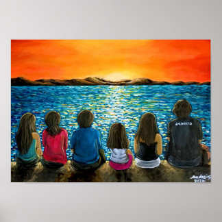 Family and beach sunset painting poster