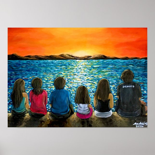Family and beach sunset painting poster (Front)