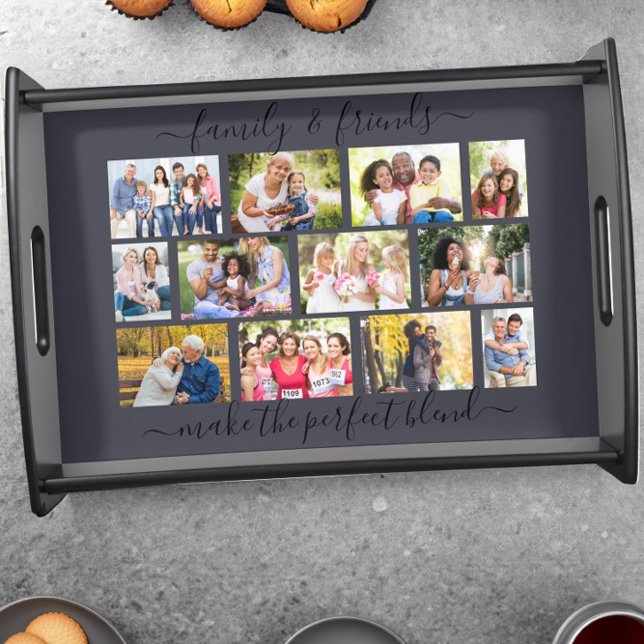 Family and Friends 12 Photo Grey Masonry Grid Serving Tray (Family & Friends Grey Serving Tray with 12 Photos by Darling & May)