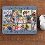 Family and Friends Quote 12 Photo Collage Blue Mouse Pad<br><div class="desc">Create your own photo collage mousepad with family quote in elegant script typography. The photo template is set up for you to add 12 of your favorite pictures, which are displayed in a modern masonry grid of landscape and portrait photos. The saying reads "family & friends make the perfect blend"...</div>