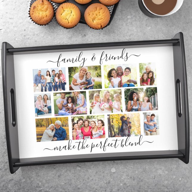 Family and Friends Quote 12 Photo Masonry Grid Serving Tray (Family & Friends serving tray with 12 photos in masonry grid layout by Darling & May)