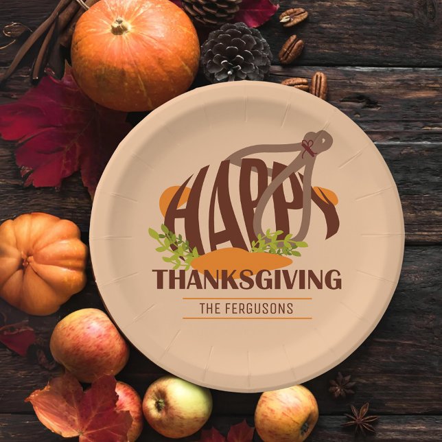 Family Artistic Thanksgiving Turkey Brown & Orange Paper Plates (Creator Uploaded)