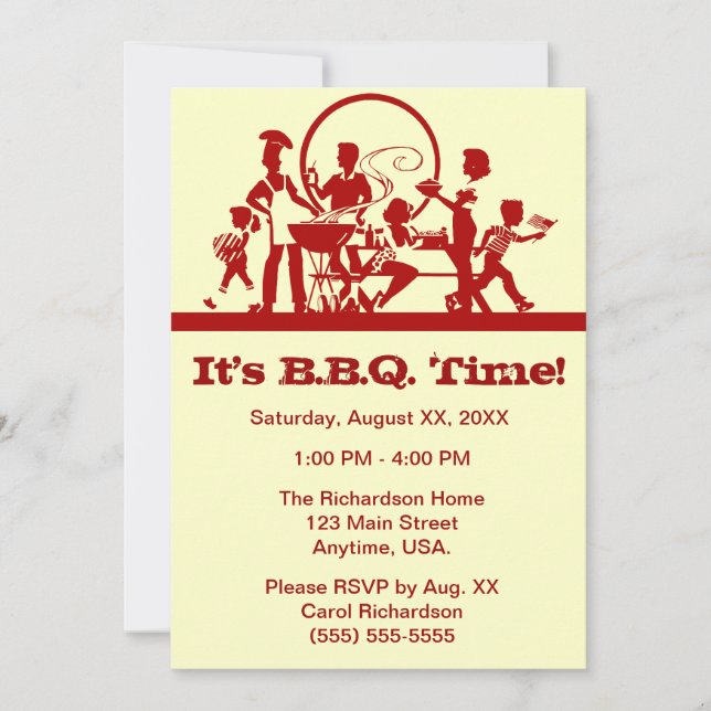 Family At A Barbecue Cook Out Red And Cream Invitation (Front)