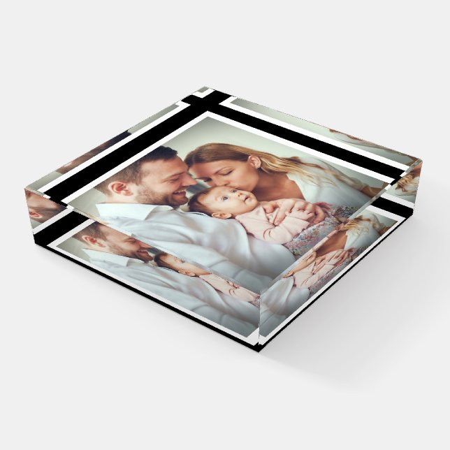 Family Baby Newborn Photo Personalize Glass Paperweight (Angled)
