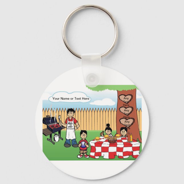 Family BBQ, Single Dad, 2 Boys, 1 Girl Cartoon  Keychain (Front)