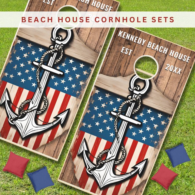 Family Beach House American USA Flag Anchor Wood Cornhole Set (Family Beach House American USA Flag Anchor Wood Cornhole Set
)