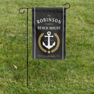 Family Beach House Anchor Gold Laurel Black Garden Flag