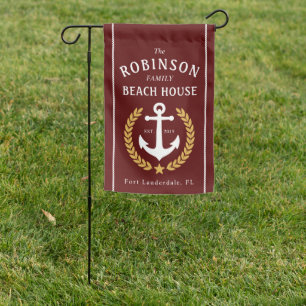 Family Beach House Anchor Gold Laurel Burgundy Garden Flag