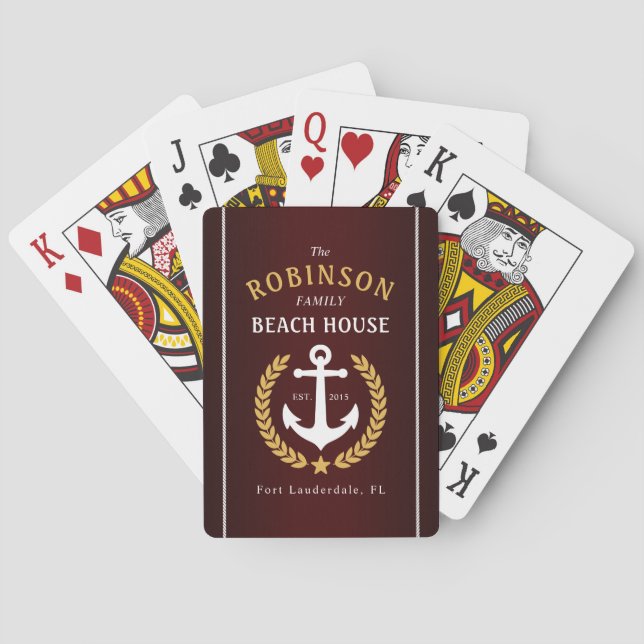 Family Beach House Anchor Gold Laurel Burgundy Poker Cards (Back)