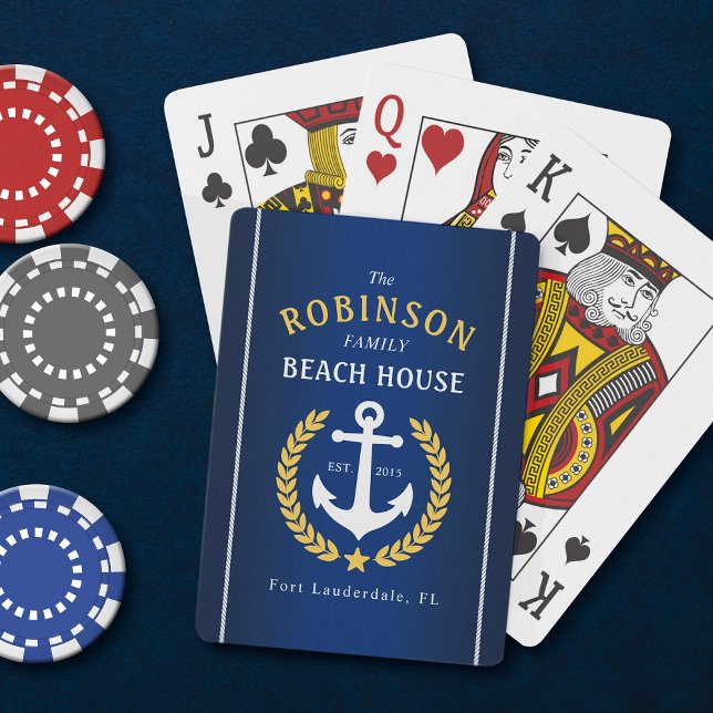 Family Beach House Anchor Gold Laurel Navy Blue Poker Cards (Creator Uploaded)