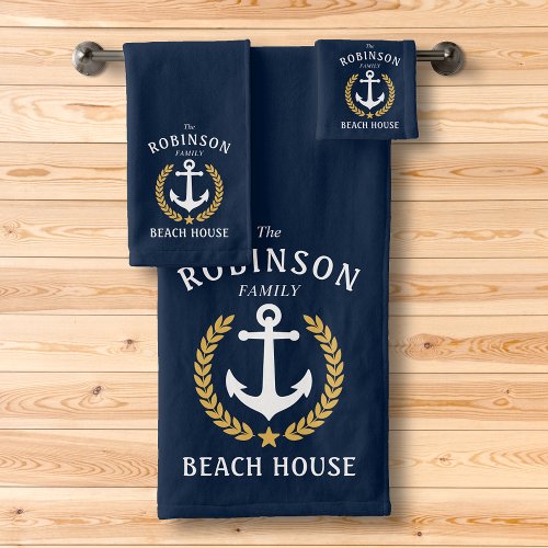 Family Beach House Anchor Gold Laurel Star Blue Bath Towel Set