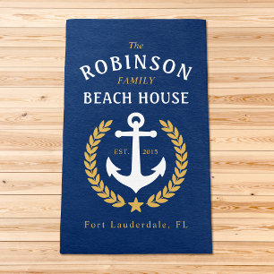 Family Beach House Anchor Gold Star Laurel Navy Rug