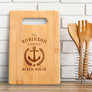 Family Beach House Anchor Laurel Leaves Star Engraved Cutting Board