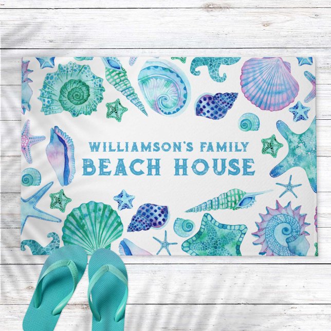 Family Beach House Blue Summer Sea Shells Doormat (Family Beach House Blue Summer Sea Shells Doormat)