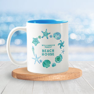 Family Beach House Blue Watercolor Sea Shells Two-Tone Coffee Mug