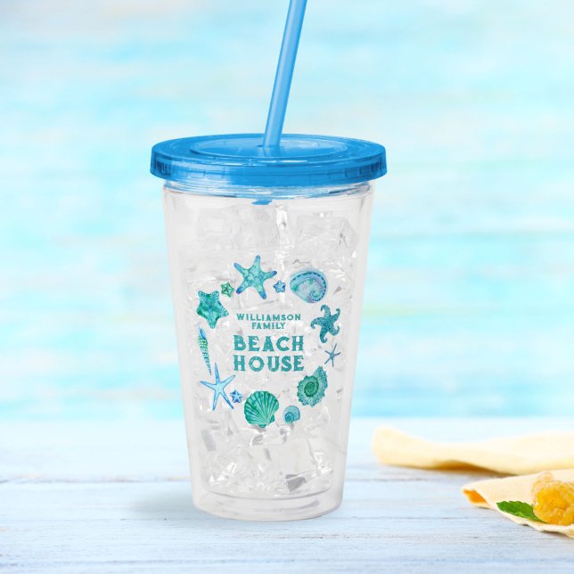 Family Beach House Coastal Blue Seashells Acrylic Tumbler (Family Beach House Coastal Blue Seashells Acrylic Tumbler)