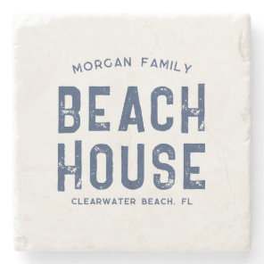 Family Beach House Custom Name White Navy Blue Stone Coaster