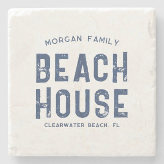 Family Beach House Custom Name White Navy Blue Stone Coaster