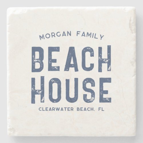 Family Beach House Custom Name White Navy Blue Stone Coaster