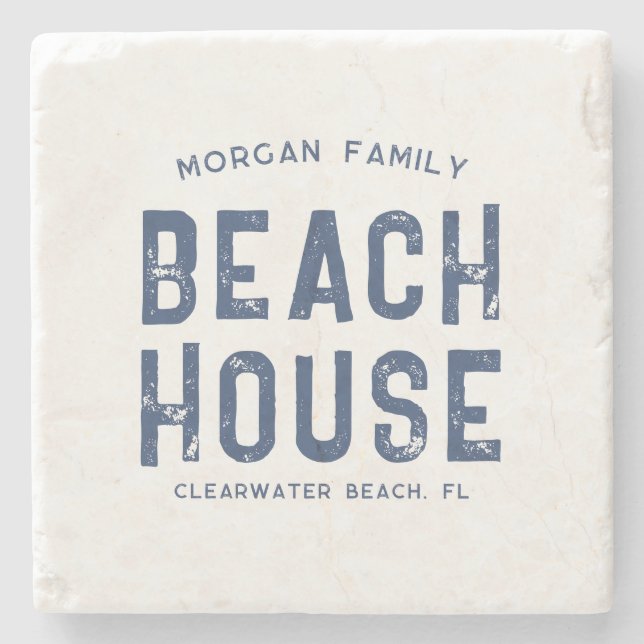 Family Beach House Custom Name White Navy Blue Stone Coaster (Front)