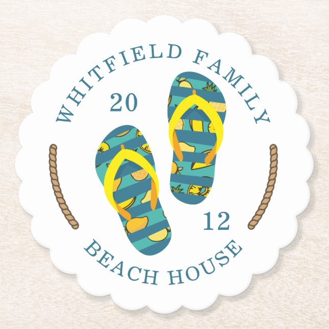 Family Beach House Custom Summer Flip Flops Paper Coaster (Front)