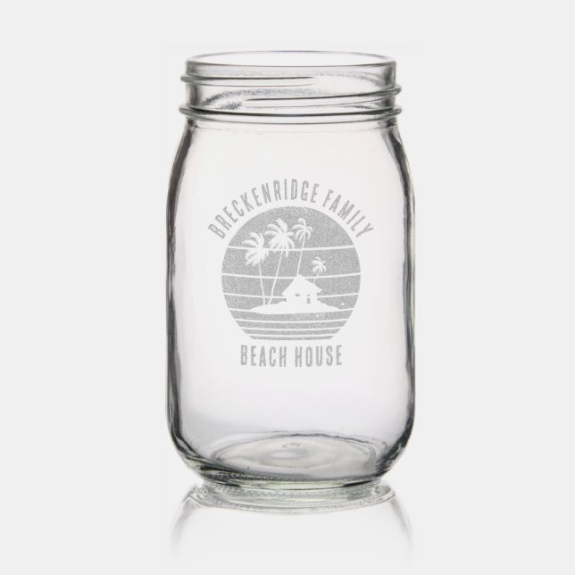 Family Beach House Property Name Palm Trees Mason Jar (Glassware)