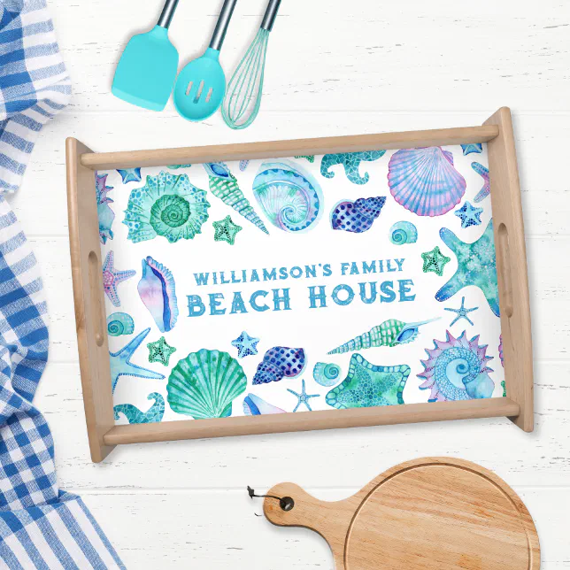 Family Beach House Sea shells and Starfish Serving Tray | Zazzle