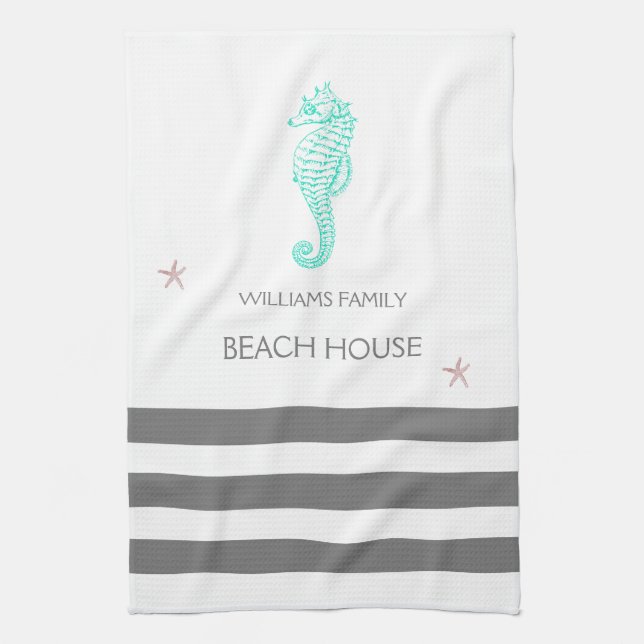 FAMILY  BEACH HOUSE SEAHORSE AND STARFISH KITCHEN TOWEL (Vertical)