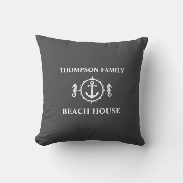 Family Beach House Seahorse Nautical Anchor Gray Throw Pillow (Front)