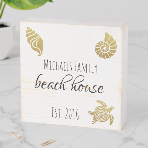 Family Beach House Vintage Personalized Gold Wooden Box Sign