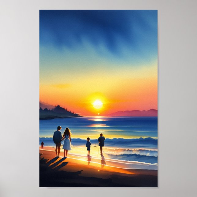 Family Beach Sunset Watercolor Poster (Front)