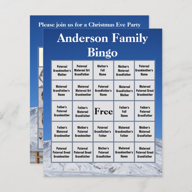 Family Bingo Game Snow Covered Mountain Photo  (Front/Back)