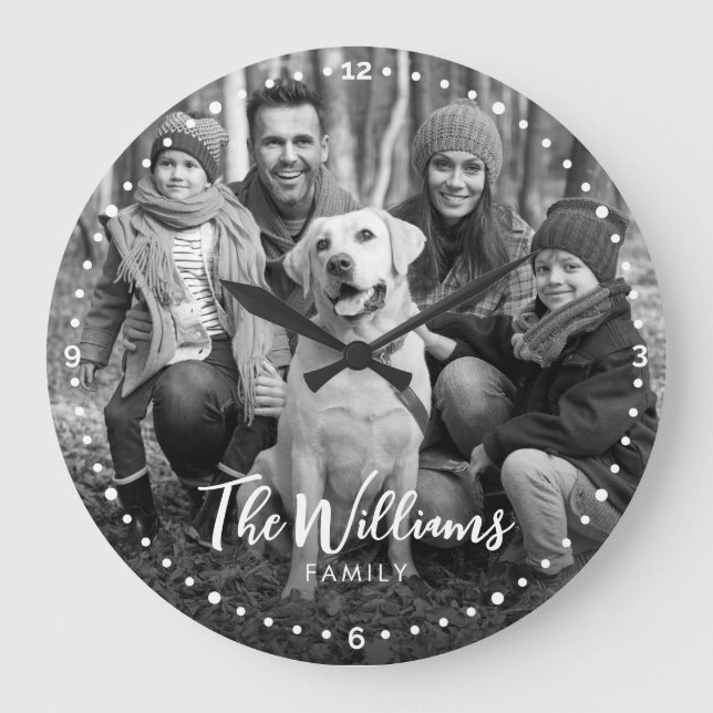 Family Black and White Photo with Modern Script Large Clock (Front)
