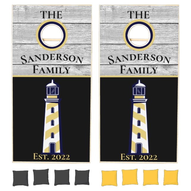 Family Black Gold Striped Nautical Lighthouse Cornhole Set (Set)