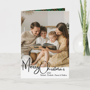 Family Black White Green Gold Photo Christmas Fold Card