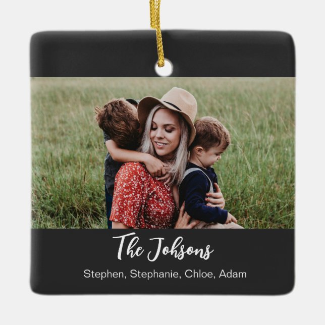 Family Black White Script Photo Ceramic Ornament (Front)