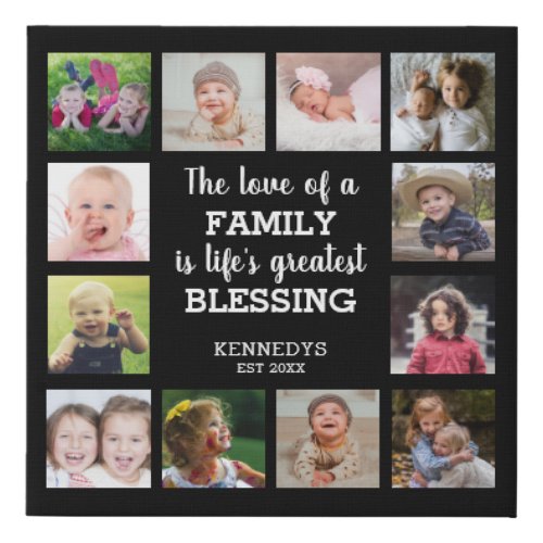 Family Blessing Quote 12 Photo Collage Black  Faux Canvas Print
