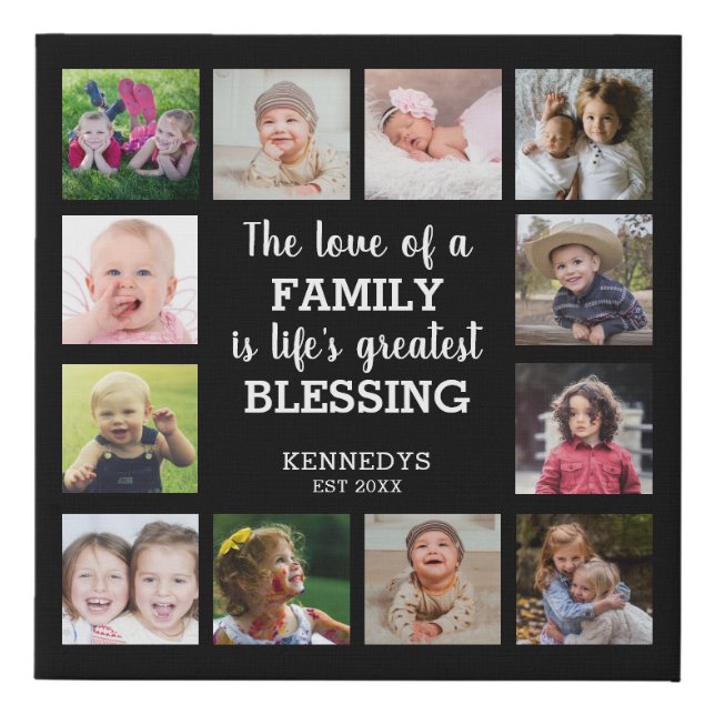 Family Blessing Quote 12 Photo Collage Black  Faux Canvas Print (Front)