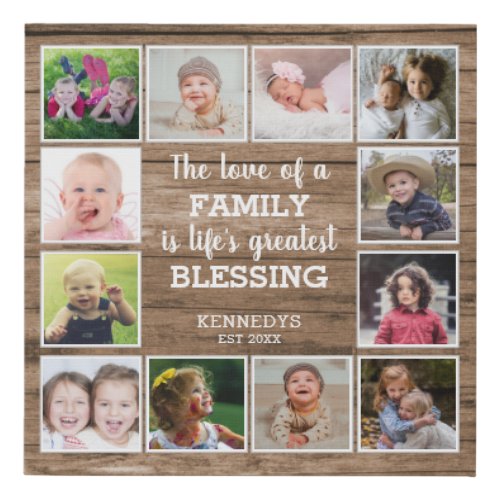 Family Blessing Quote 12 Photo Collage Rustic Wood Faux Canvas Print