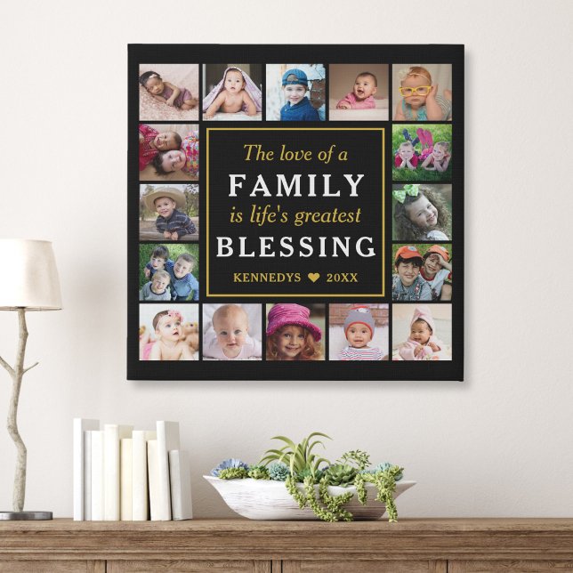 Family Blessing Quote Black Gold 16 Photo Collage  Faux Canvas Print (Family Blessing Quote Black Gold 16 Photo Collage Faux Canvas Print)