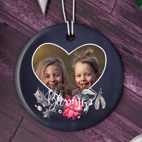 Family blessings cute heart shape photo ceramic ornament