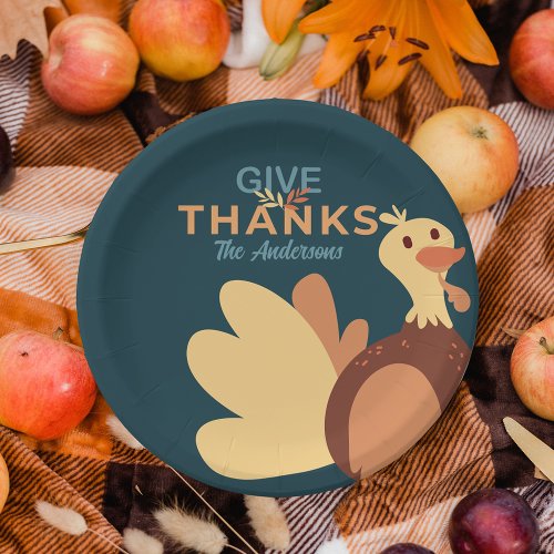 Family Blue  Brown Give Thanks Quote Turkey Fall Paper Plates