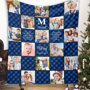 Family Blue Plaid Patchwork Customized 15 Picture Fleece Blanket