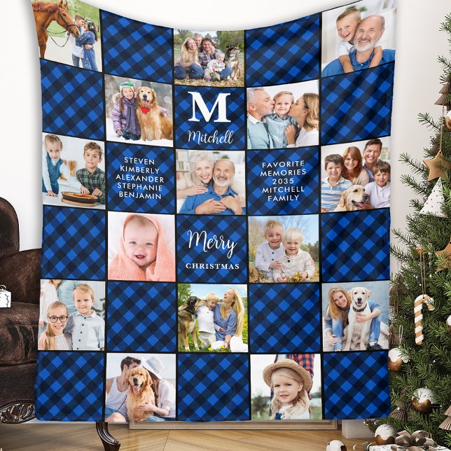 Family Blue Plaid Patchwork Customized 15 Picture Fleece Blanket (Creator Uploaded)