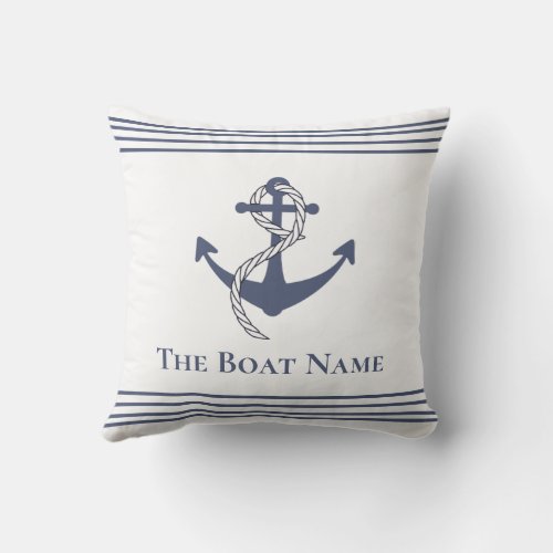 Family Boat Name White n Navy Blue Anchor Nautical Outdoor Pillow