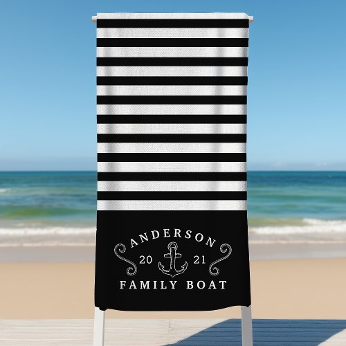 Family Boat Nautical Anchor Personalized Black Beach Towel