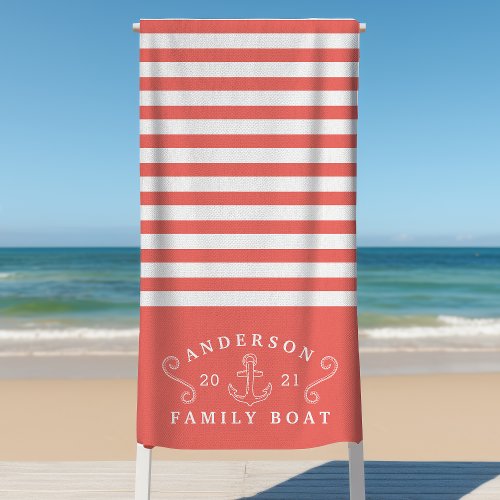 Family Boat Nautical Anchor Personalized Coral Beach Towel