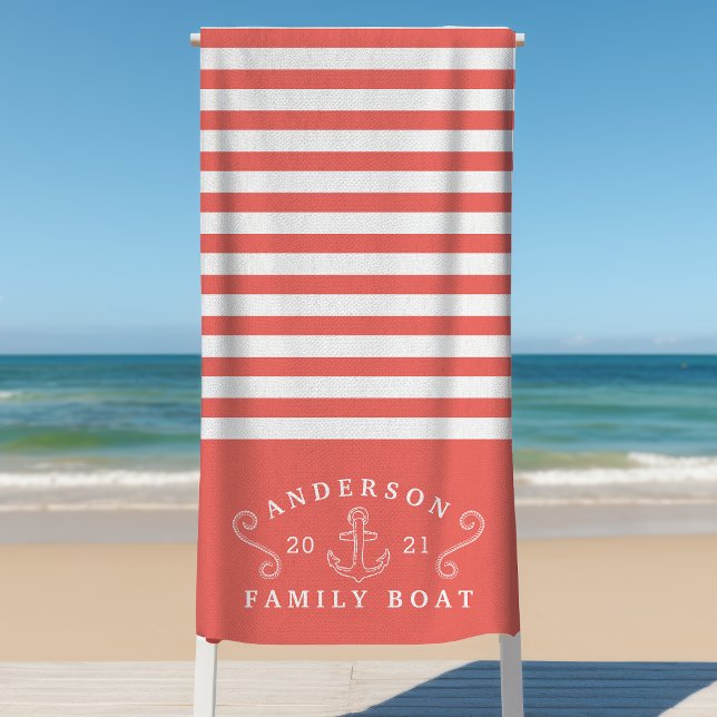 Family Boat Nautical Anchor Personalized Coral Beach Towel (Creator Uploaded)